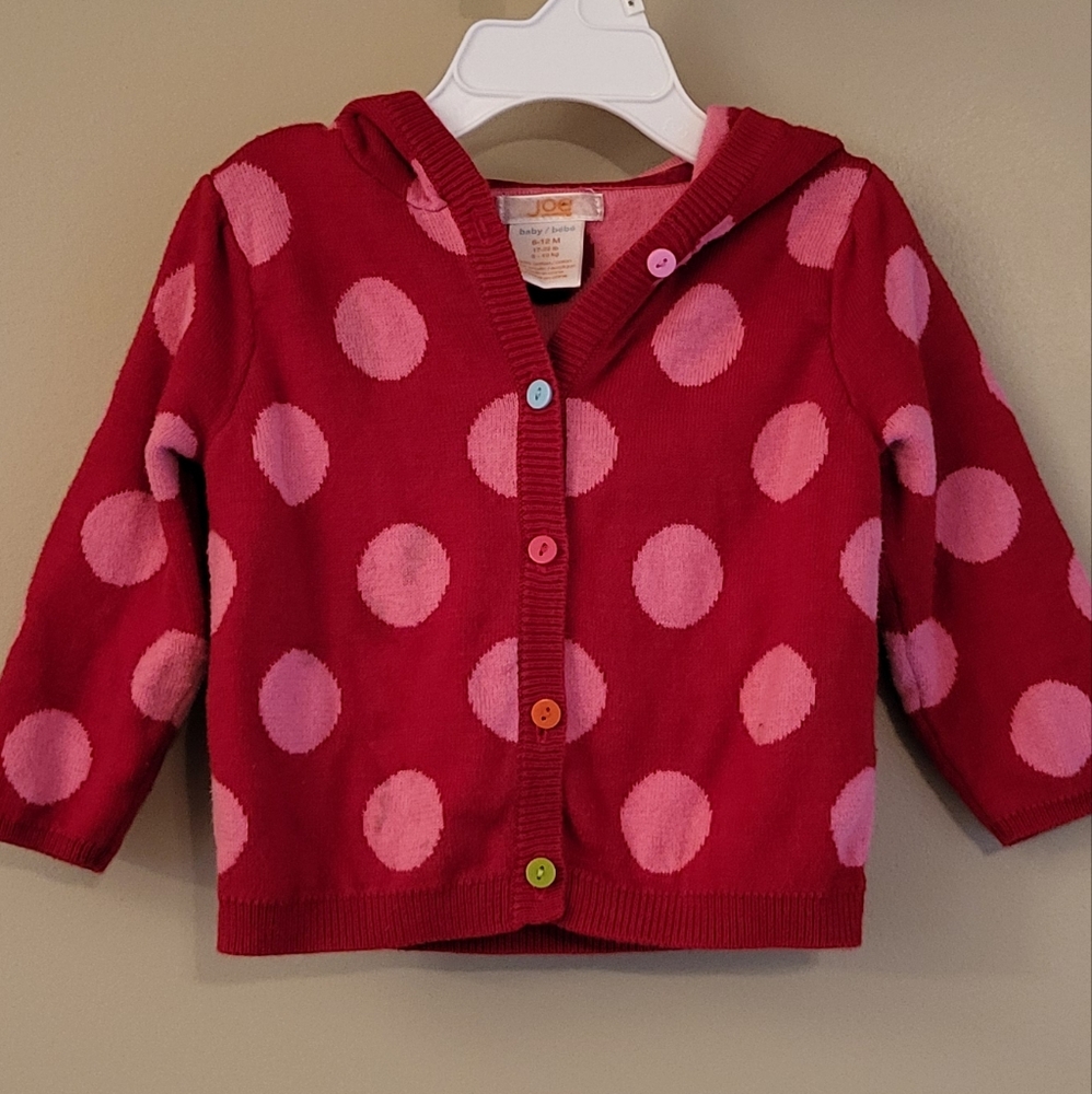 Red and pink polka dot hooded button down sweater